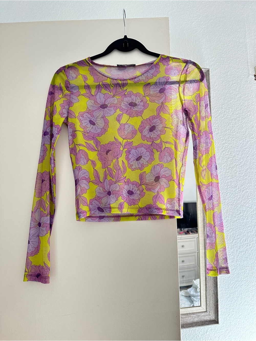 Zara Yellow & Lavender Floral Sheer Long-Sleeve Crop Top